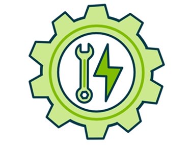 Spanner and electricity bolt icons inside a large cog