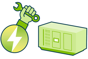 Hand holding a spanner popping out from a Specialist Power logo alongside a 3D generator icon