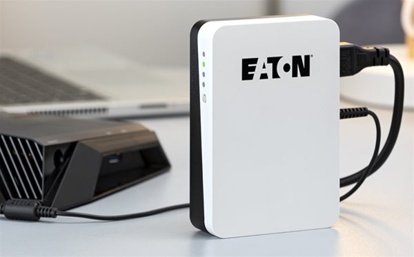 Eaton 3S mini on a desktop connected to a device for backup