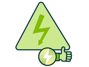 Large warning triangle with a electricity bolt icon with a thumbs up popping out from a Specialist Power logo below