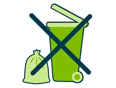 Wheelie bin and rubbish bag icon with a large cross over the top