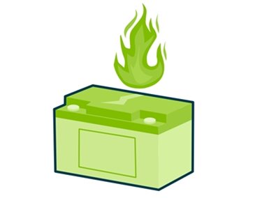 A 3D UPS battery icon with flames coming out of the top from Specialist Power