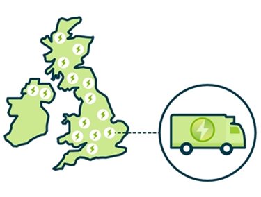 Map of UK and Ireland with 14 small Specialist Power logos on alongside a removal van icon