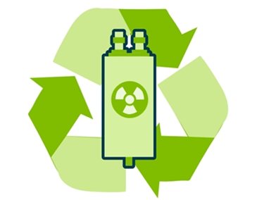 AC capacitor with a hazardous goods symbol on the front and recycling logo around the outside