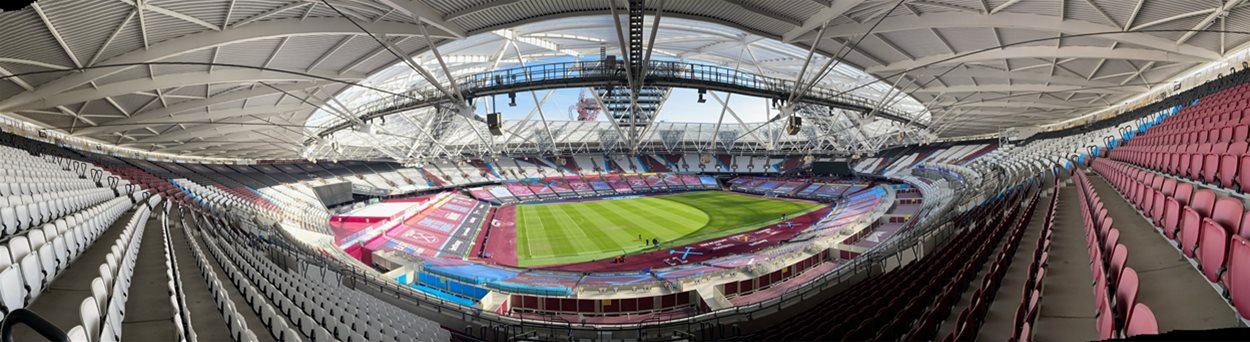 Panoramic photo of the London Stadium from the back of the stand