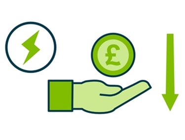 Hand with open palms holding a pound coin alongside a Specialist Power logo and arrow going down