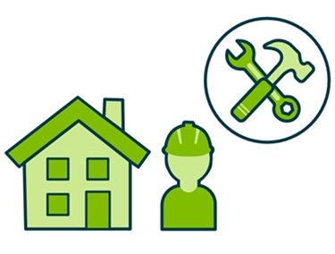 House icon next to an engineer with a hammer and spanner icon above